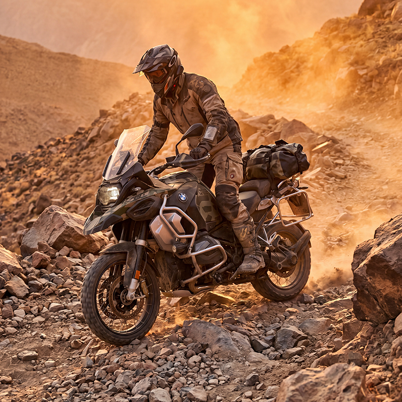Guy working hard riding adventure motorcycle off road in warm conditions